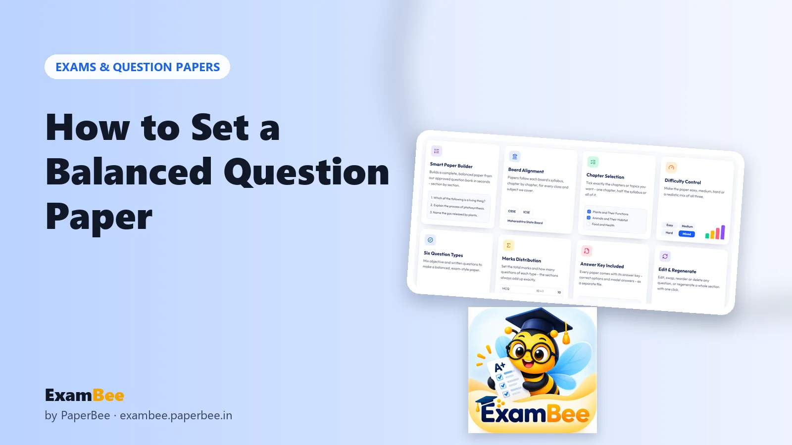 ExamBee mascot with a screenshot of question paper features such as difficulty control and marks distribution
