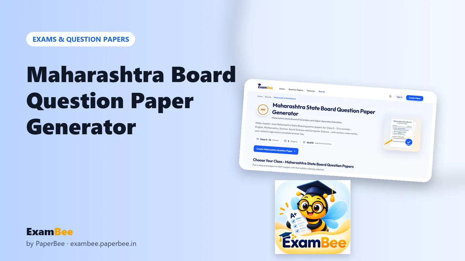 ExamBee mascot with a screenshot of the Maharashtra State Board question paper generator page