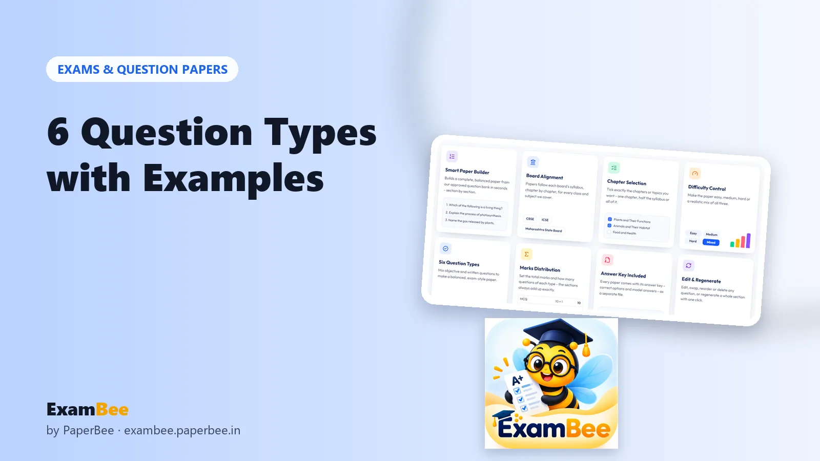 ExamBee mascot with a screenshot of the six question types available in ExamBee