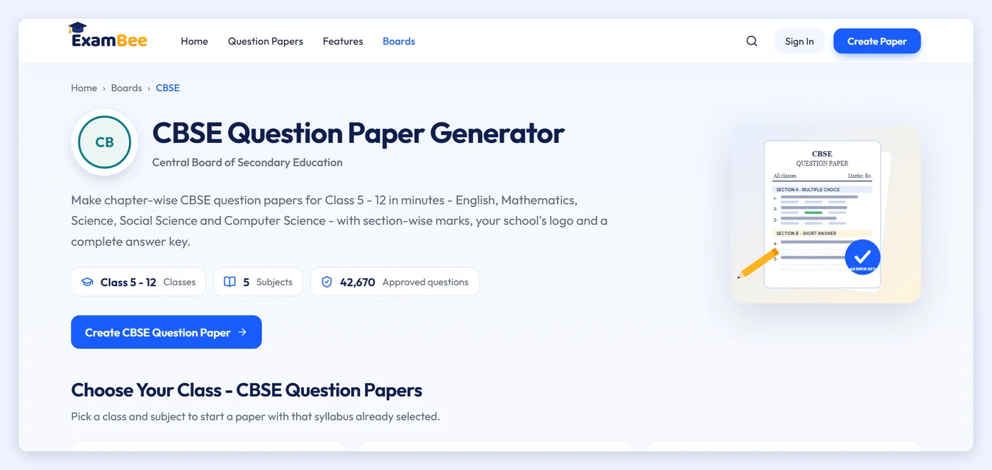 Screenshot of the ExamBee CBSE question paper generator page showing Class 5 to 12, 5 subjects and 42,670 approved questions
