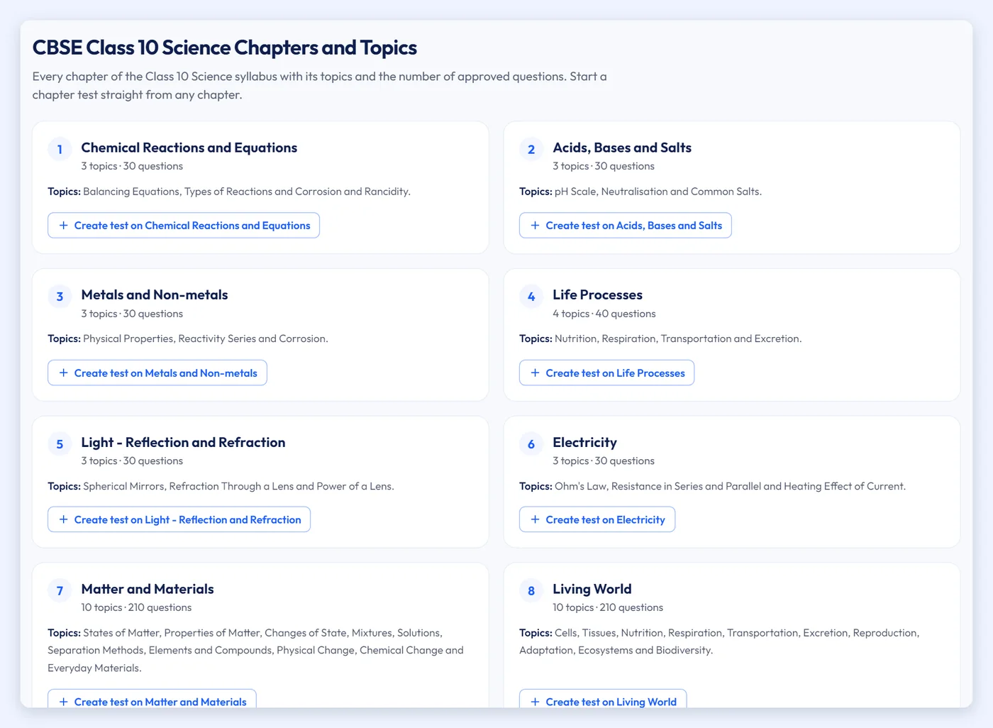 Screenshot of CBSE Class 10 Science chapters and topics on ExamBee with a Create test button for each chapter
