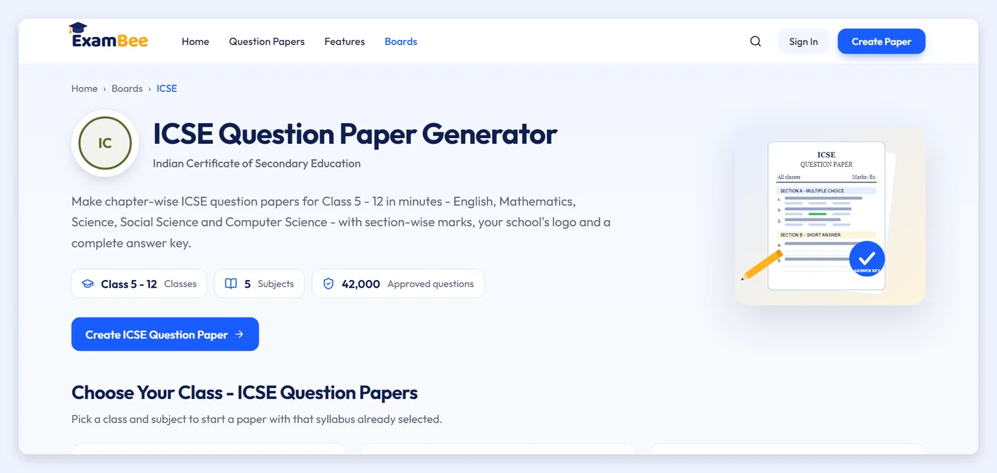Screenshot of the ExamBee ICSE question paper generator page