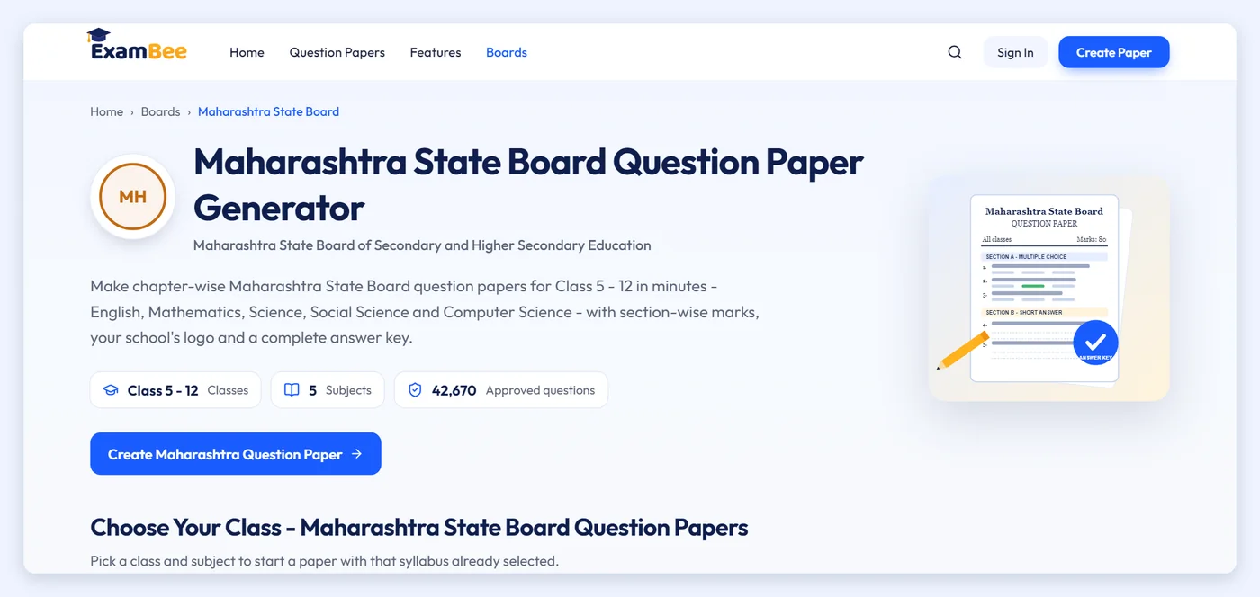 Screenshot of the ExamBee Maharashtra State Board question paper generator page showing Class 5 to 12, 5 subjects and 42,670 approved questions