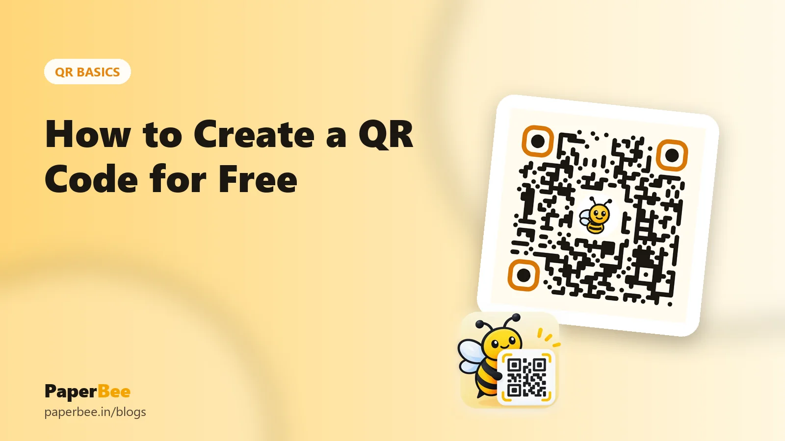 Illustration of the PaperBee bee holding a QR code next to the title How to Create a QR Code for Free