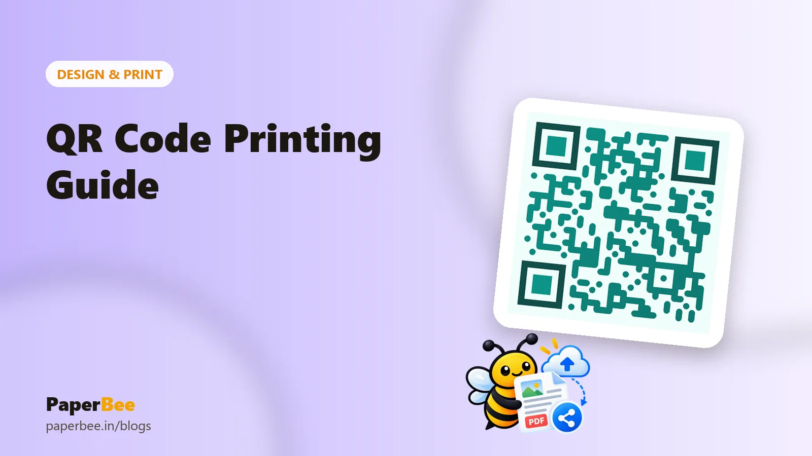 A teal QR code with the title QR Code Printing Guide
