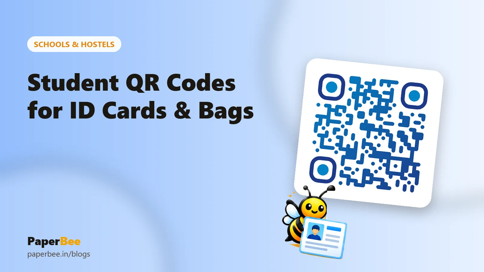 A blue QR code and a bee holding an ID card, illustrating student ID card QR codes