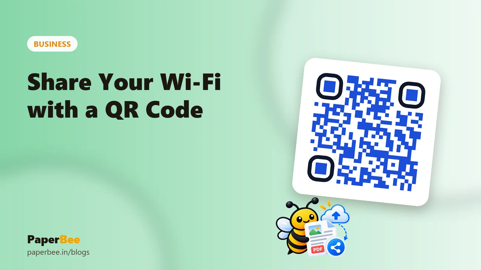 A blue QR code with the title Share Your Wi-Fi with a QR Code