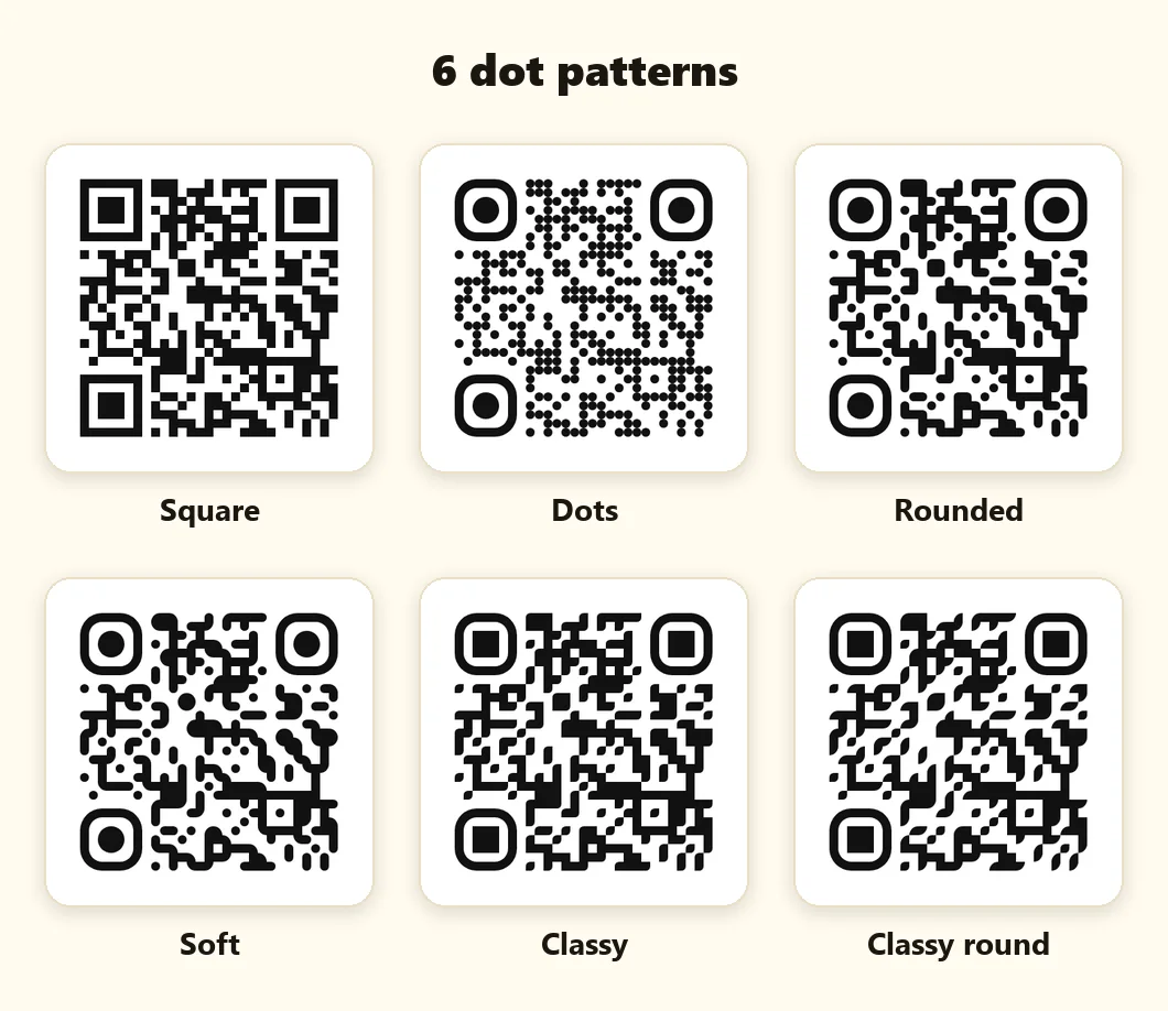 Six QR code dot patterns: square, dots, rounded, soft, classy and classy round