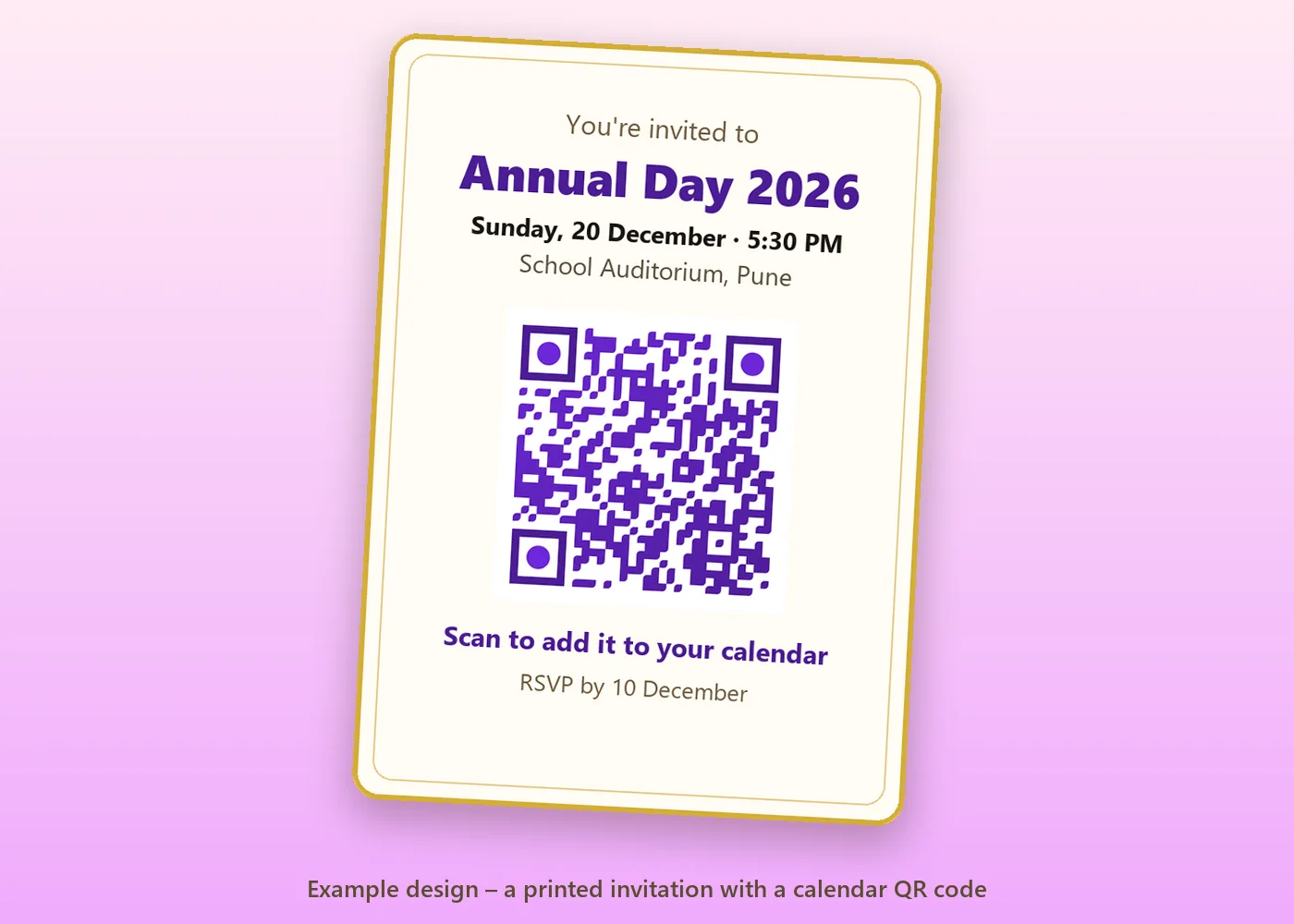 Example printed invitation for Annual Day 2026 with a QR code labelled scan to add it to your calendar