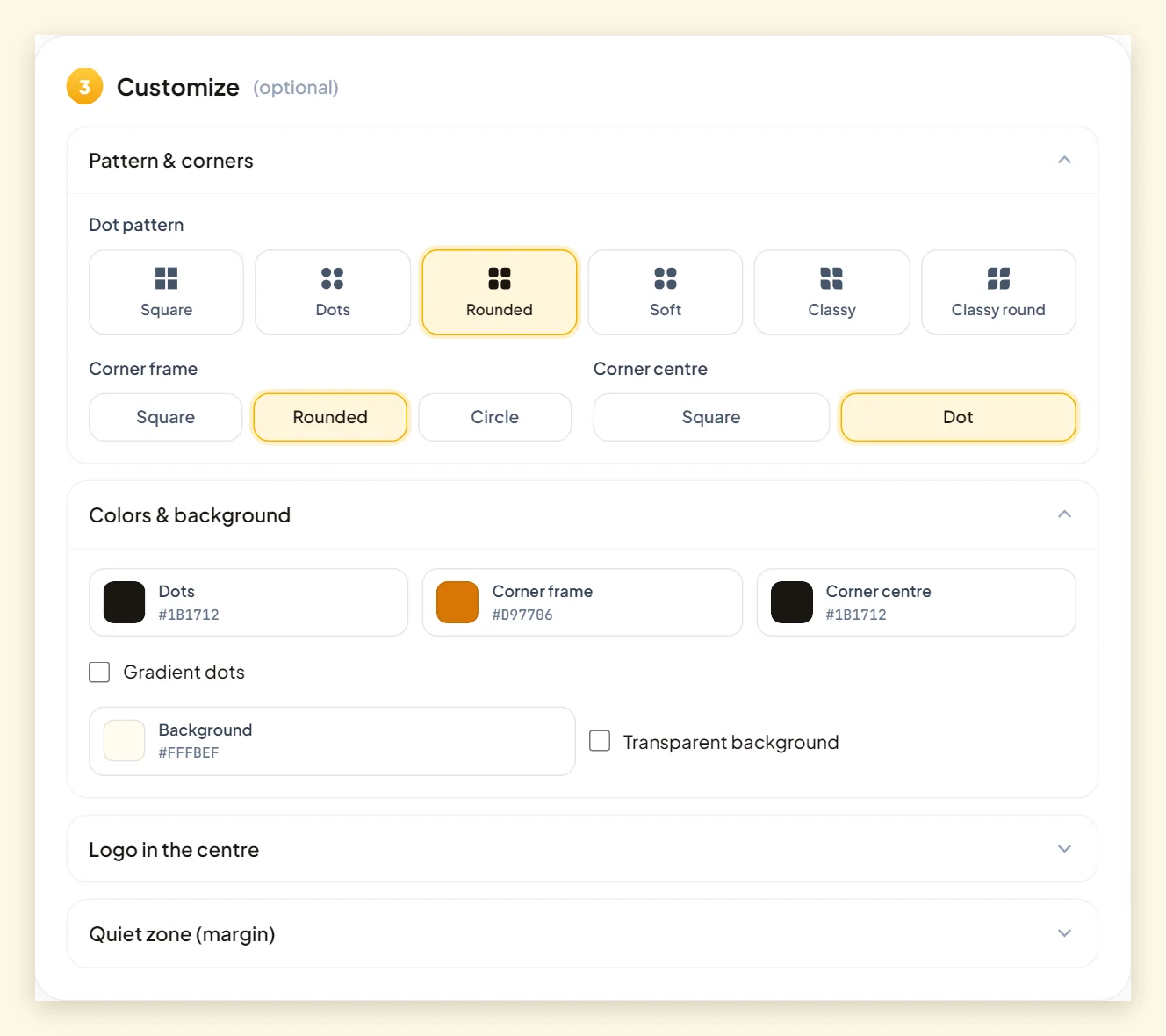 Screenshot of the Customize panel showing dot pattern, corner style and colour pickers for a QR code