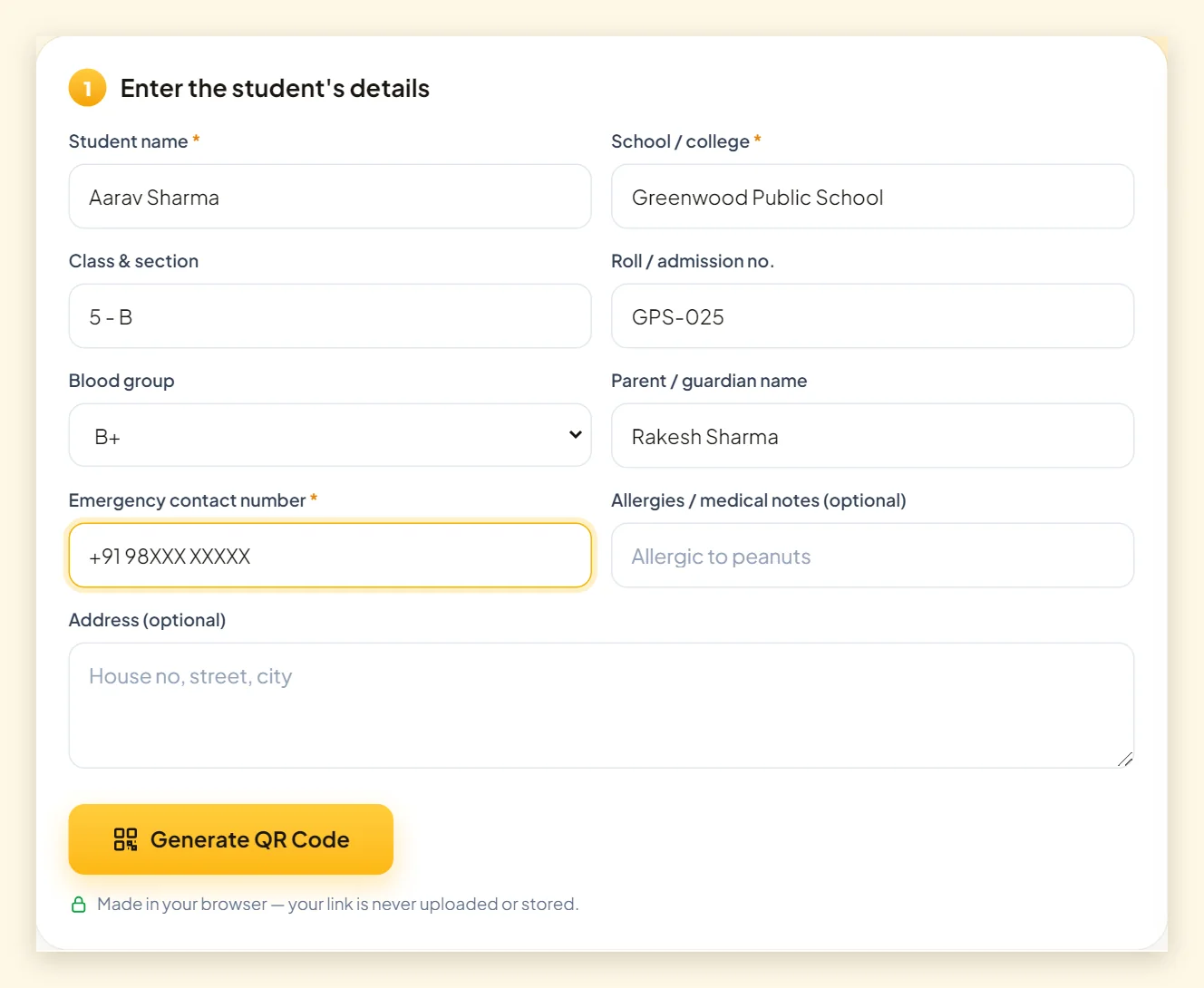 Screenshot of the student information QR code form with name, school, class, roll number, blood group, parent and emergency contact fields