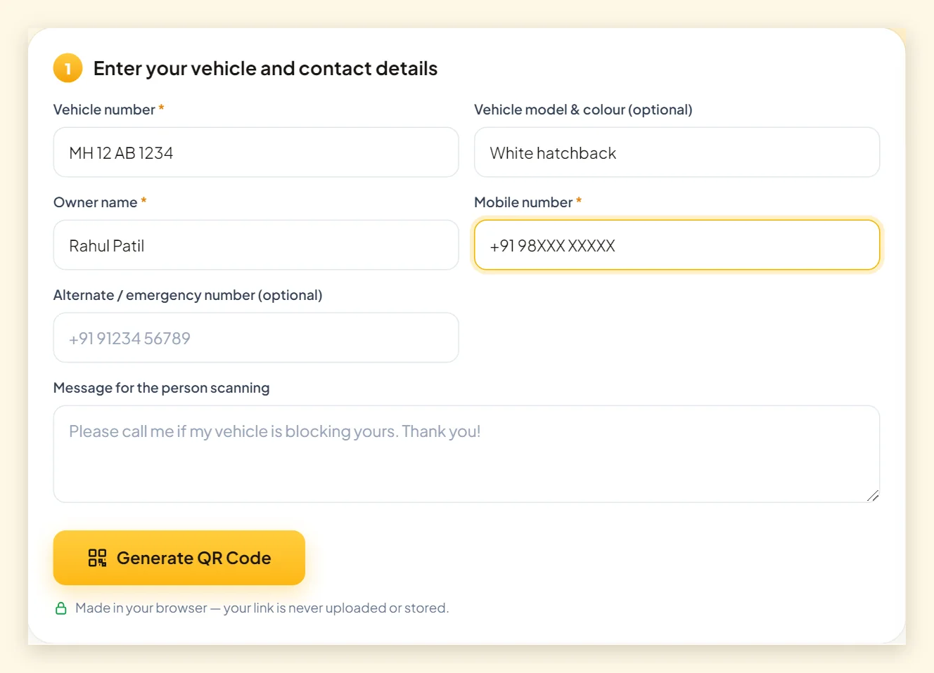 Screenshot of the vehicle owner QR code form with vehicle number, model, owner name and mobile number