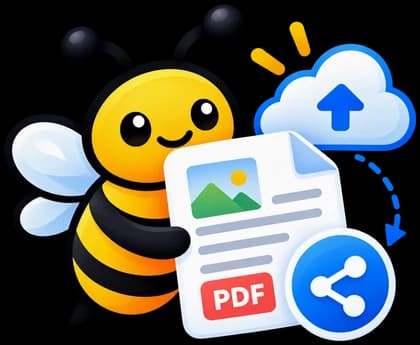 PaperBee bee mascot uploading and sharing a document