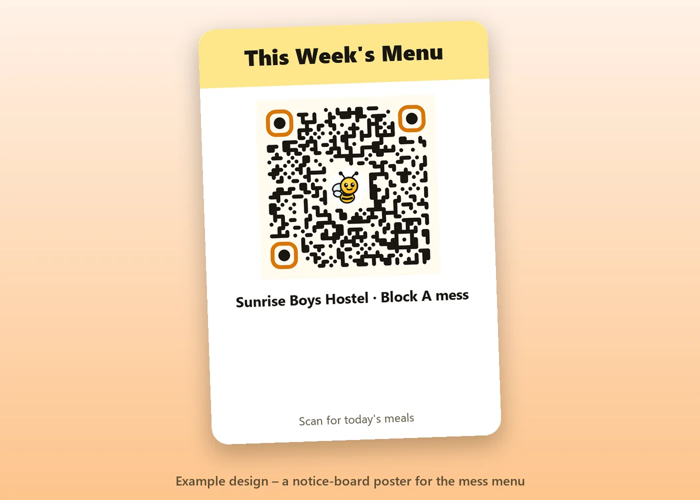 Example notice-board poster titled This Week's Menu with a QR code and the hostel name