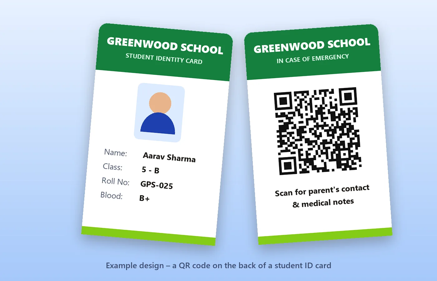Front and back of a student ID card made with PaperBee's ID card generator, with a QR code on the back