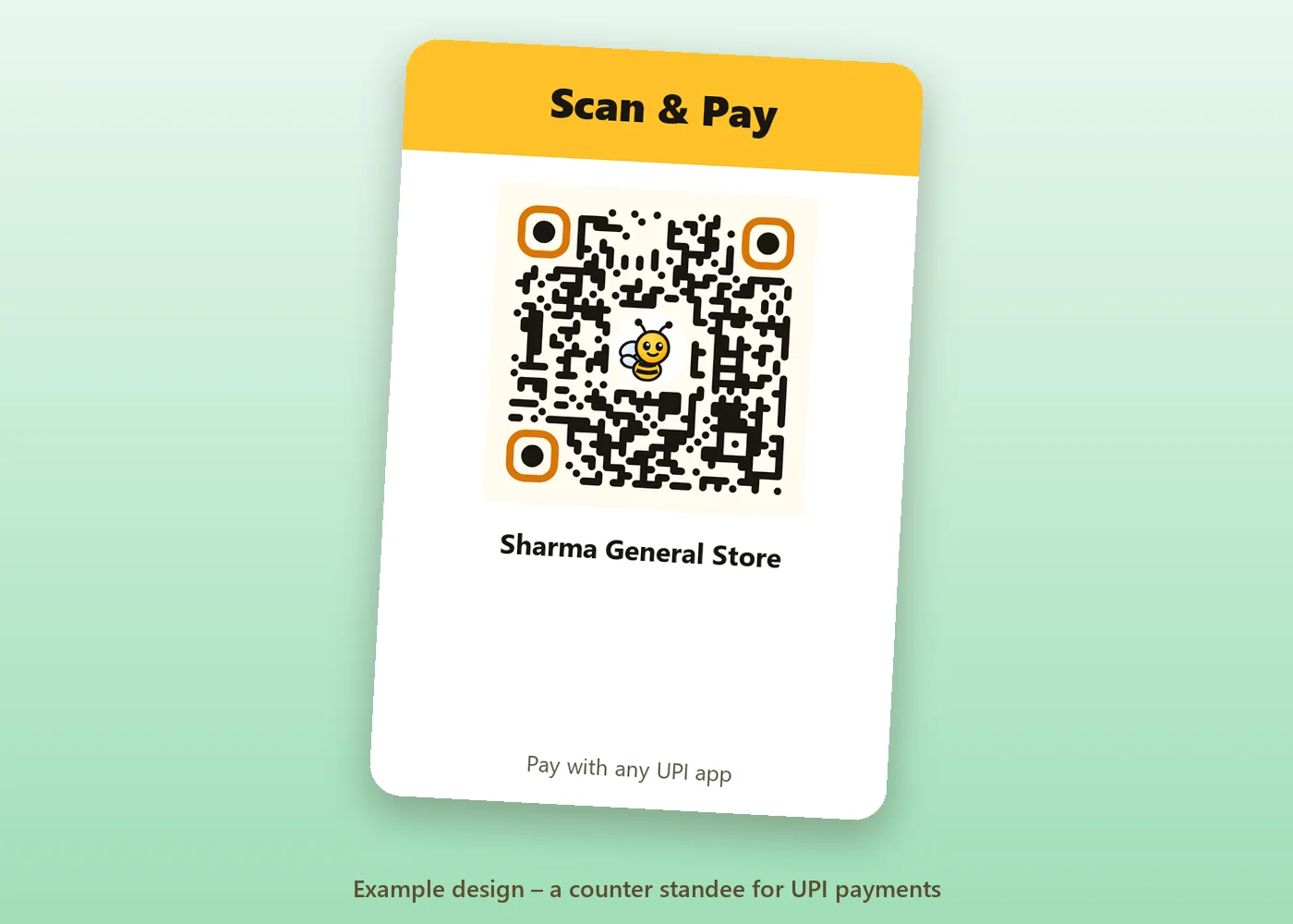 Counter standee example with a Scan and Pay headline above a QR code