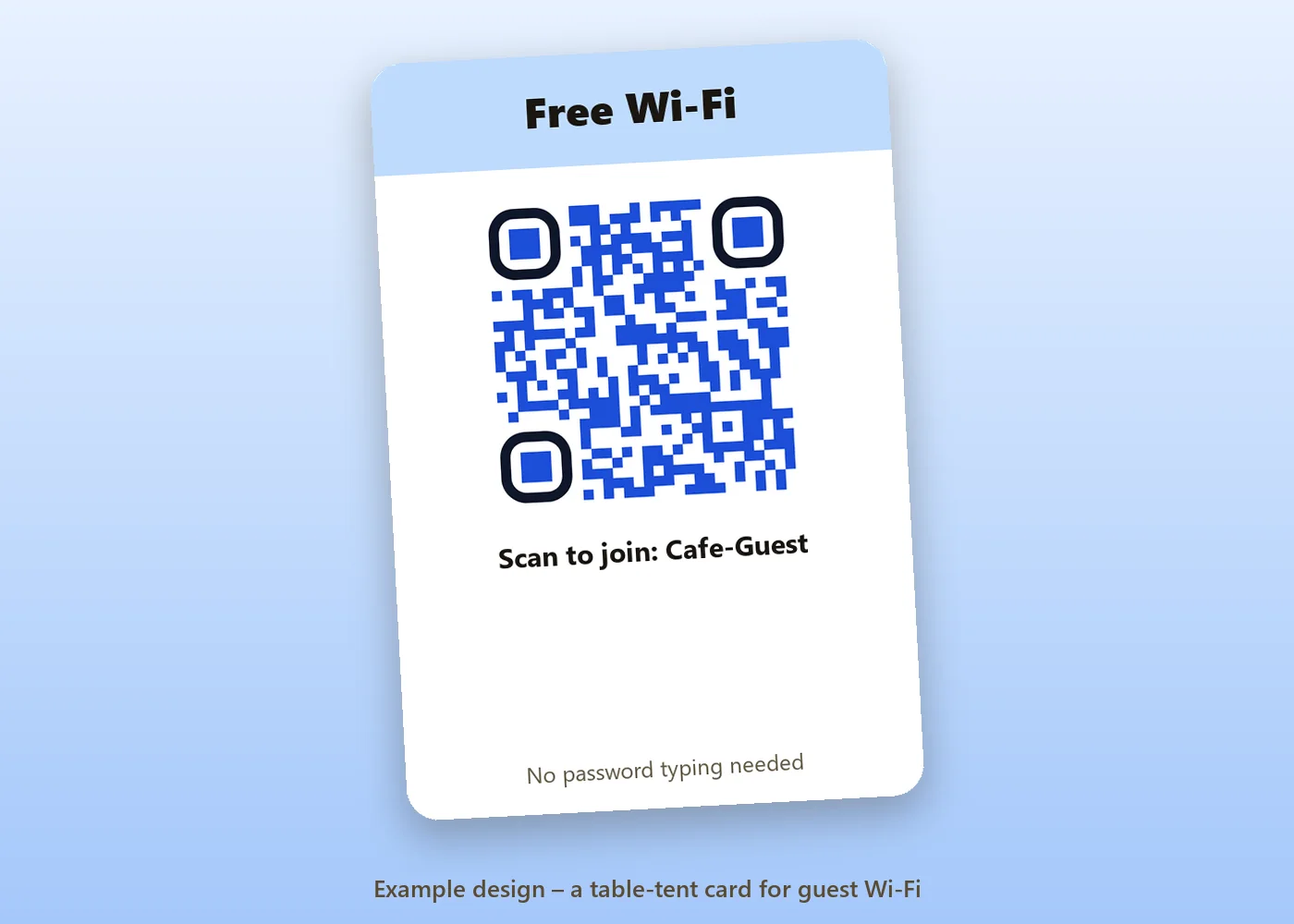 Example table-tent card with a Free Wi-Fi headline, a blue QR code and the network name