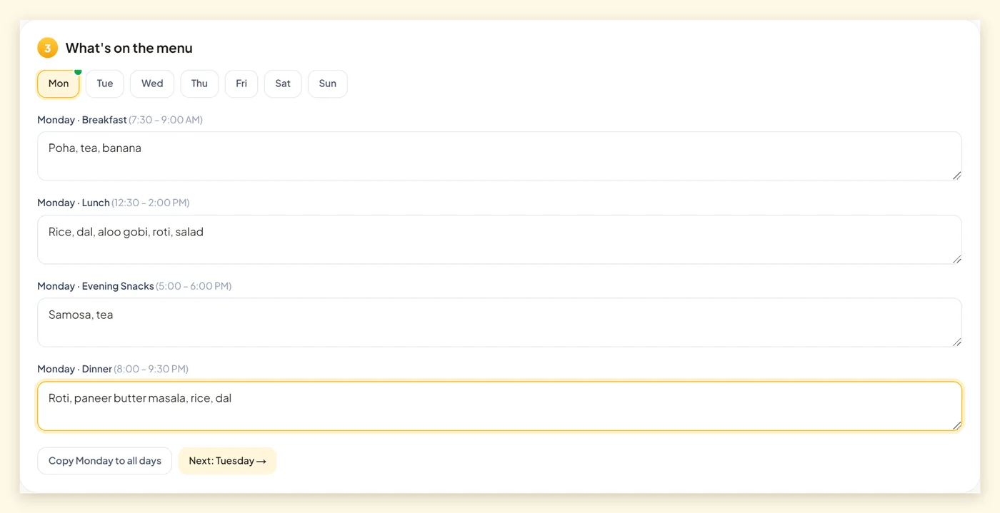 Screenshot of the weekly menu editor with day tabs from Monday to Sunday and boxes for breakfast, lunch, snacks and dinner