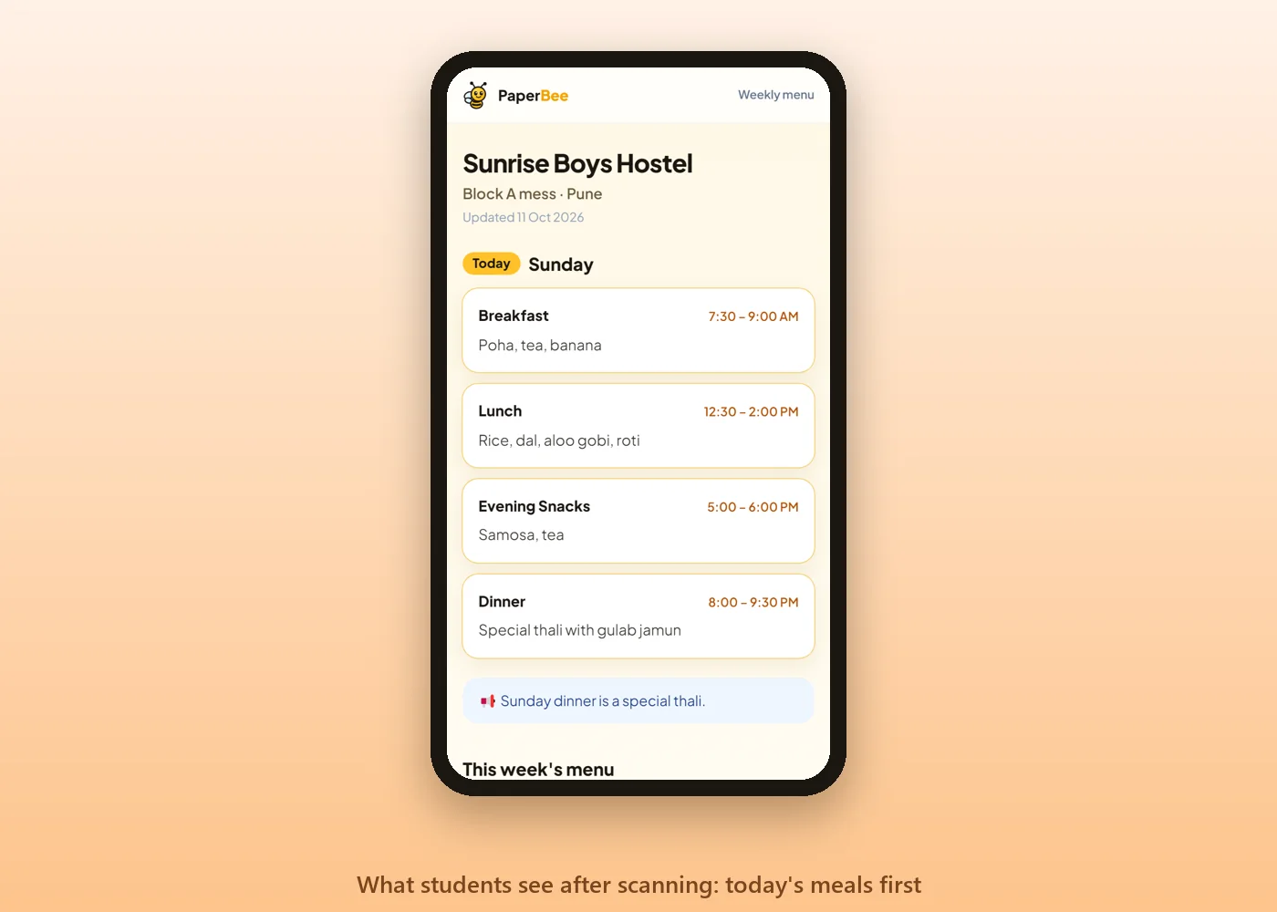 Phone screen showing a hostel menu page with today's breakfast, lunch, evening snacks and dinner with timings