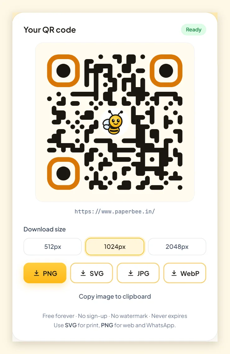 Screenshot of the QR code preview panel with download buttons for PNG, SVG, JPG and WebP