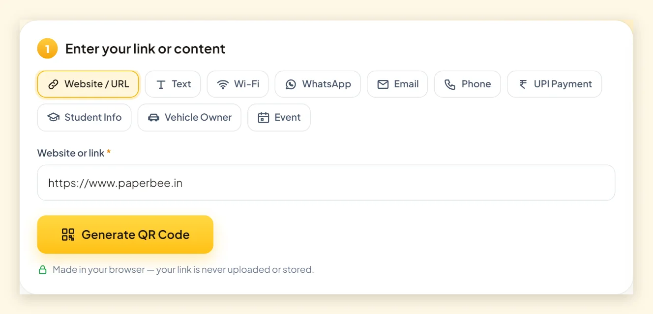 Screenshot of the PaperBee QR code generator with the Website URL tab selected and a link entered