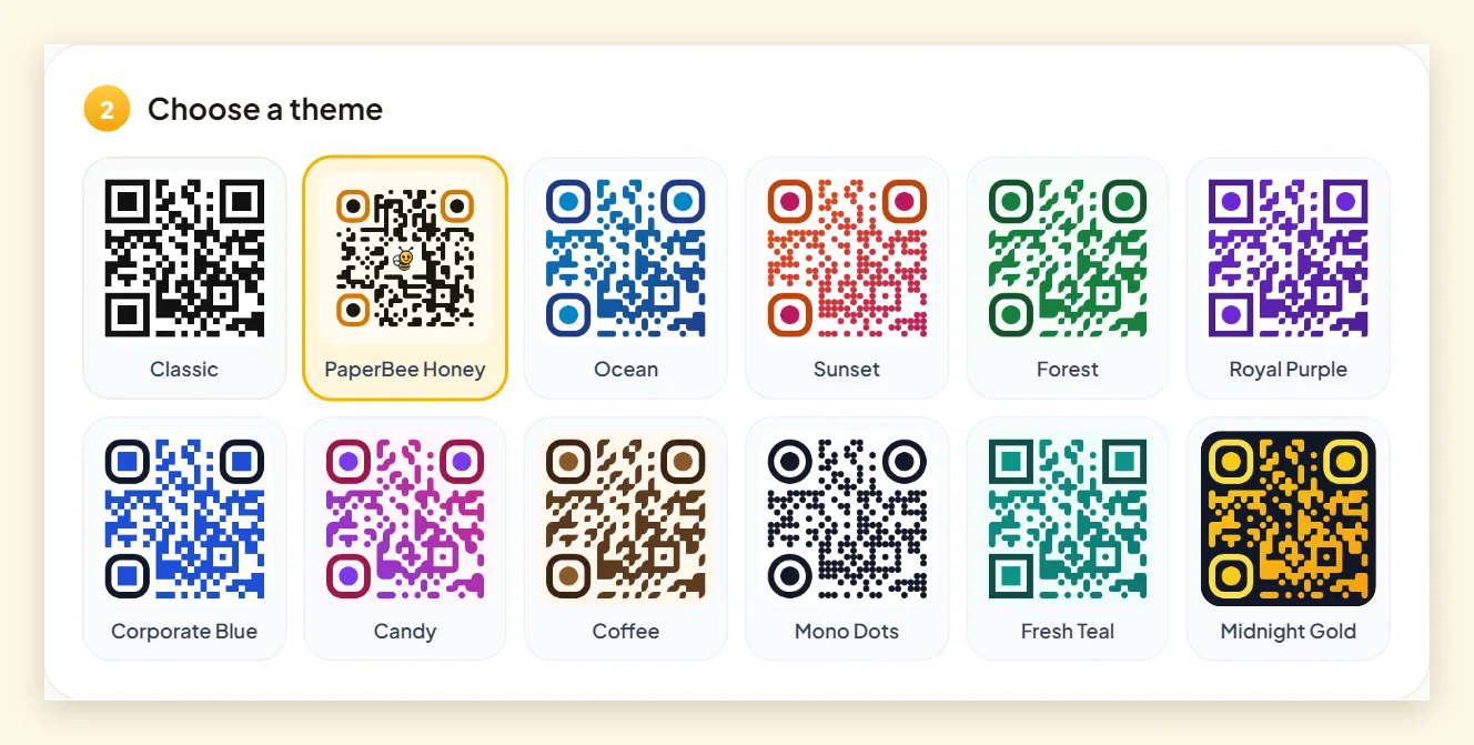 Screenshot of twelve QR code themes in the PaperBee generator, including Classic, PaperBee Honey, Ocean and Midnight Gold