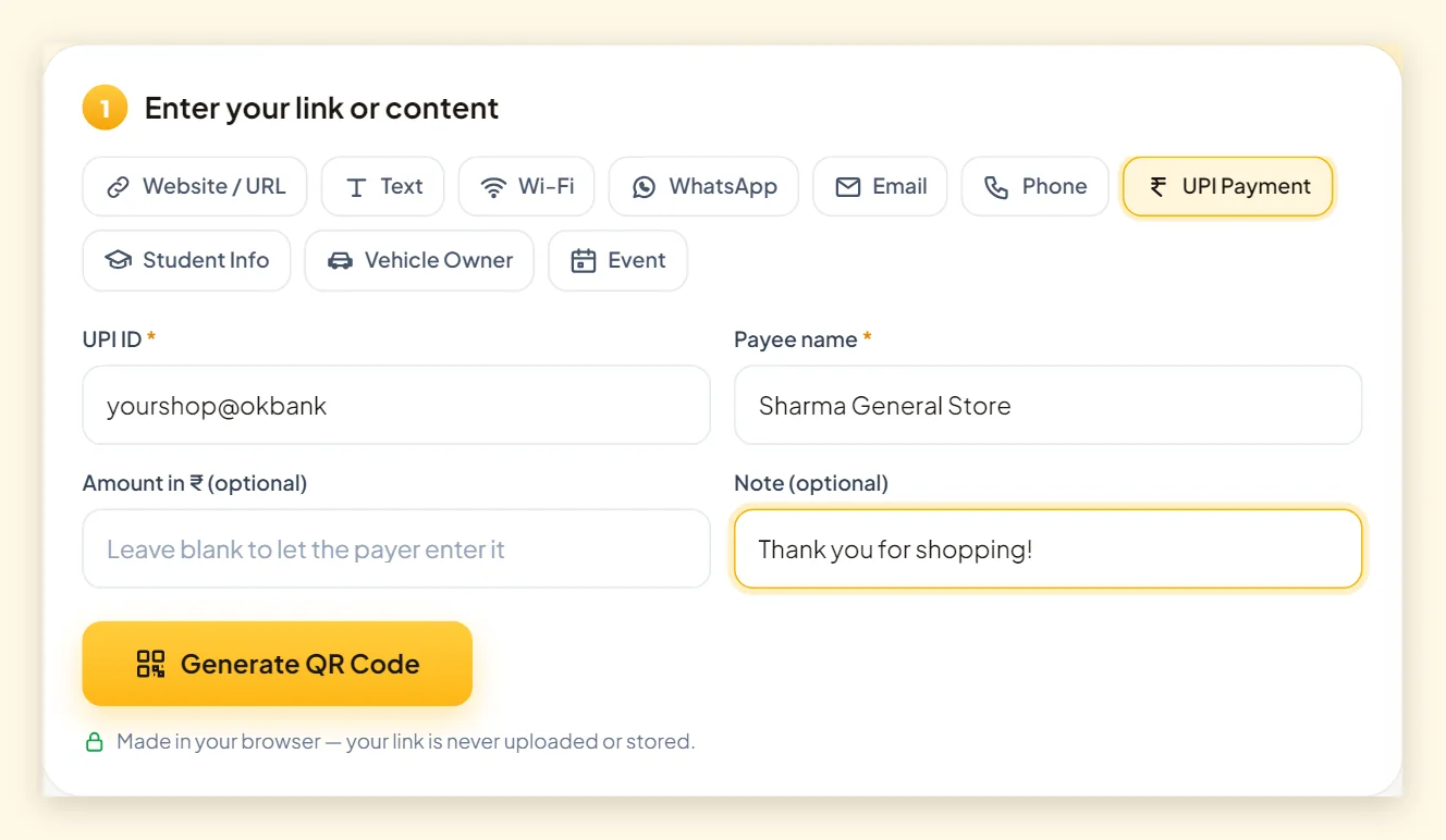 Screenshot of the UPI Payment tab in the PaperBee QR code generator with UPI ID, payee name, amount and note fields