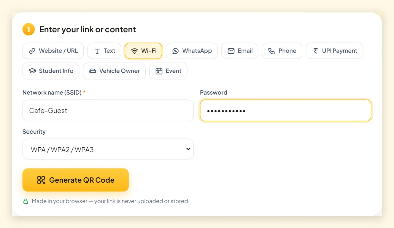 Screenshot of the Wi-Fi tab in the PaperBee QR code generator with network name, password and security type