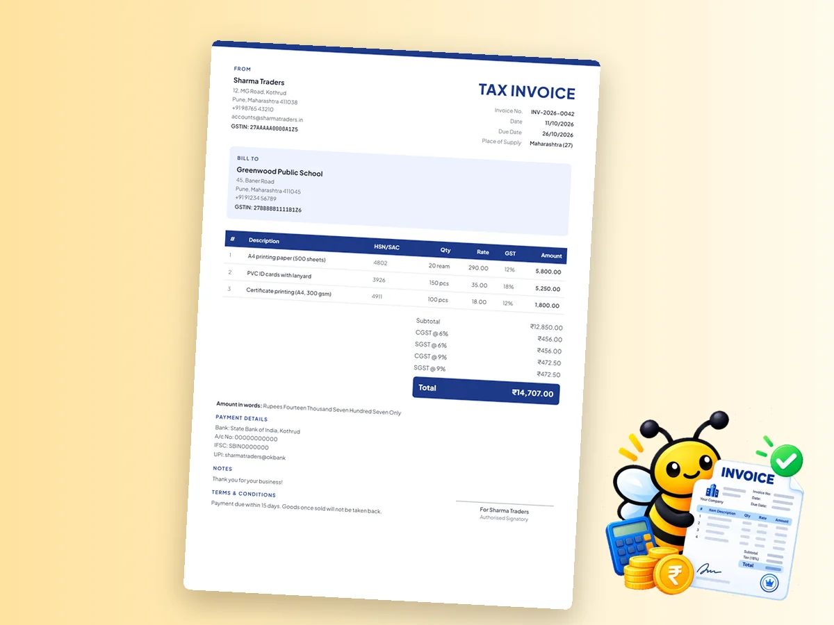 GST invoice format with GSTIN, HSN code, CGST and SGST made with PaperBee