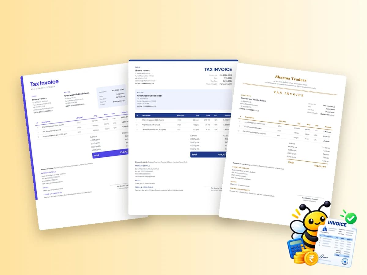 Three professional invoice templates made with PaperBee's free invoice maker online