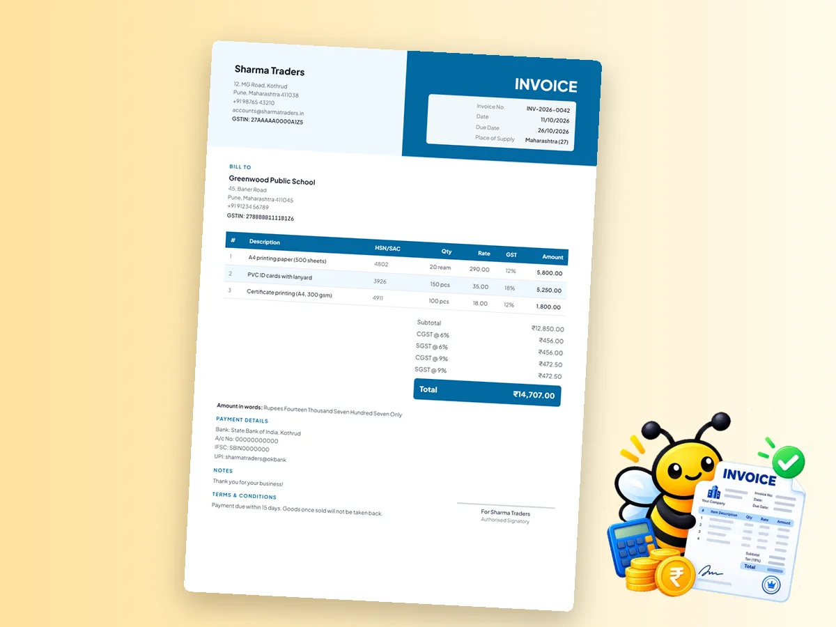 Invoice bill format for a shop with items, quantity, rate and total