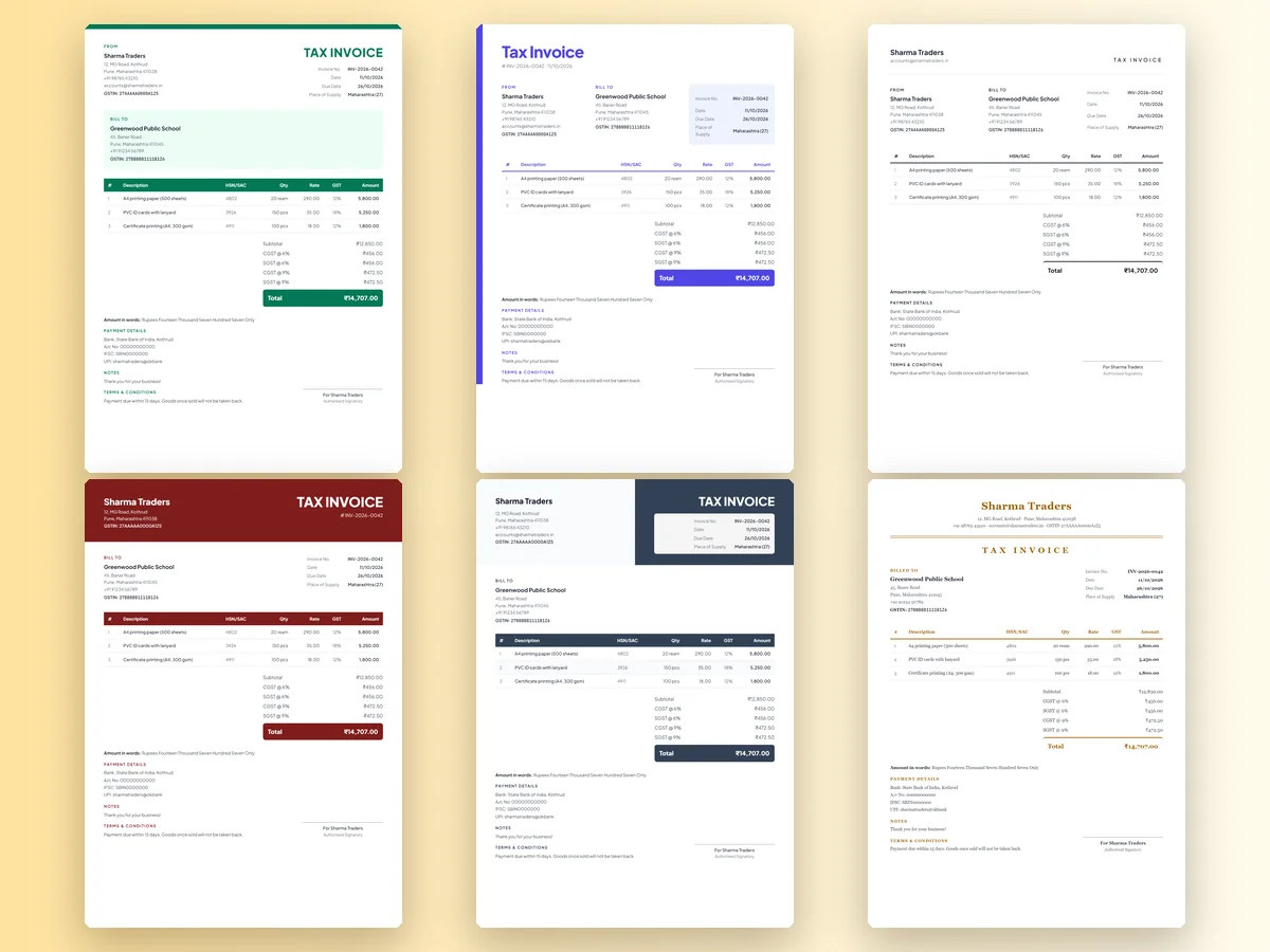 Six free invoice format templates in classic, modern, minimal, bold, corporate and elegant styles