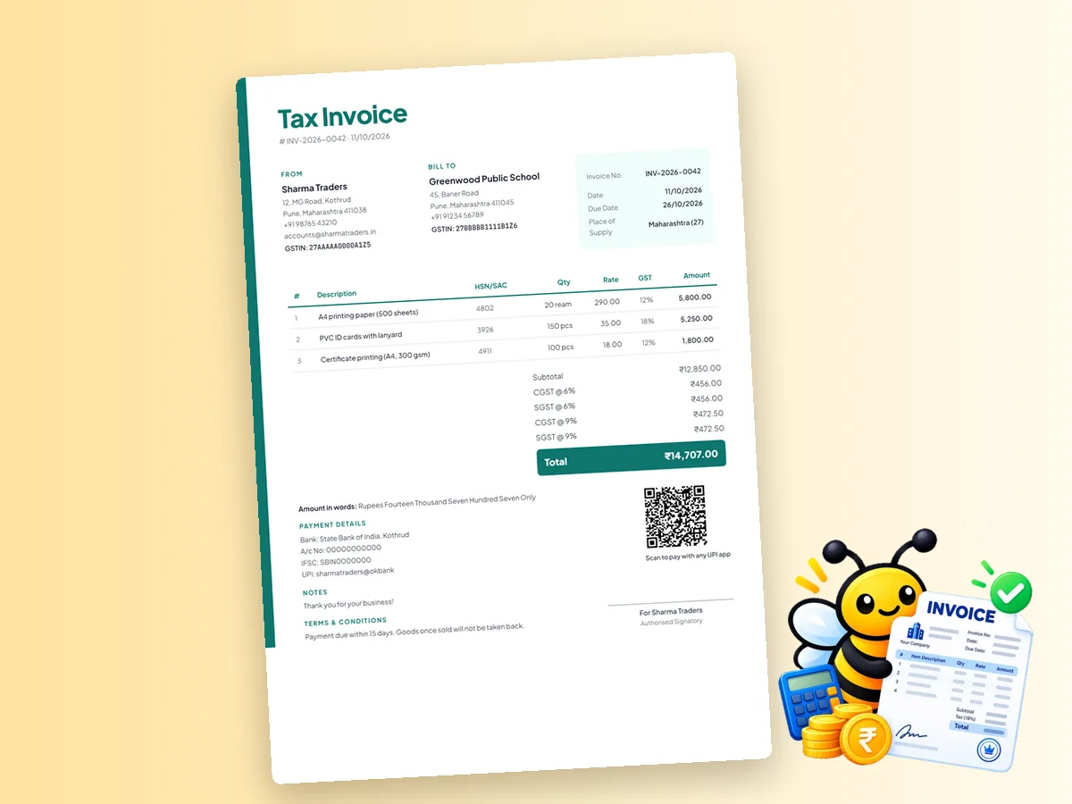 Invoice with a UPI payment QR code for the amount due