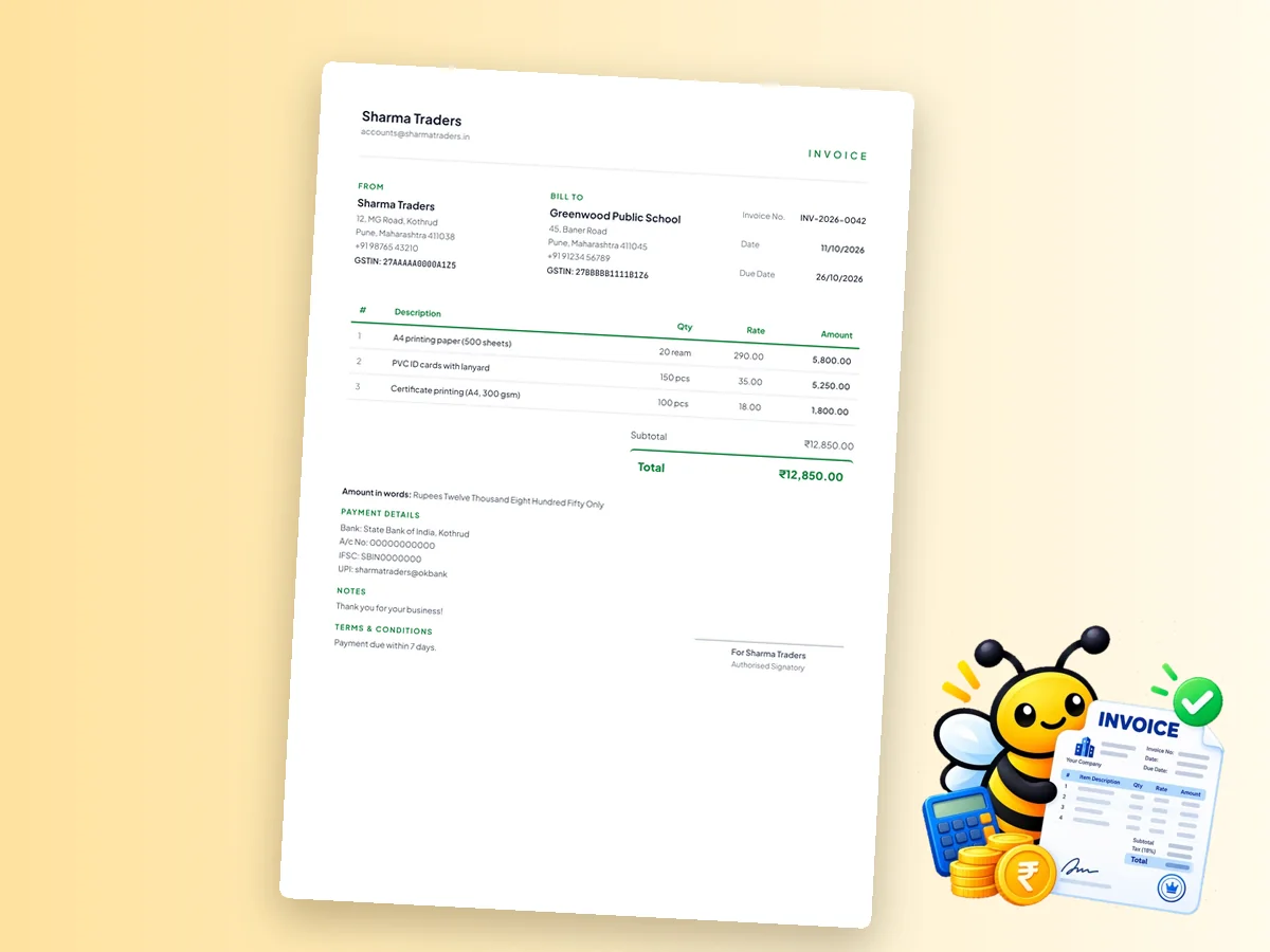 Invoice format without GST for a freelancer, showing items and total