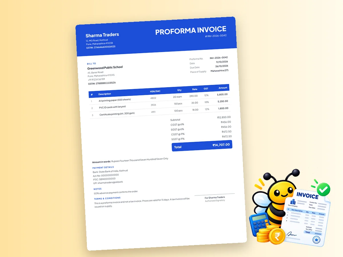 Proforma invoice format template with items, GST and validity terms