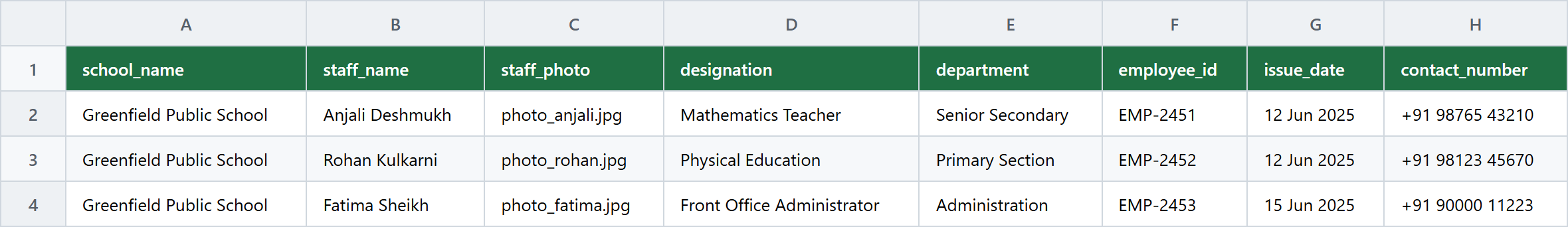 Screenshot of an Excel spreadsheet with columns for school name, staff name, staff photo, designation, department, employee ID, issue date, and contact number, with three staff rows filled in