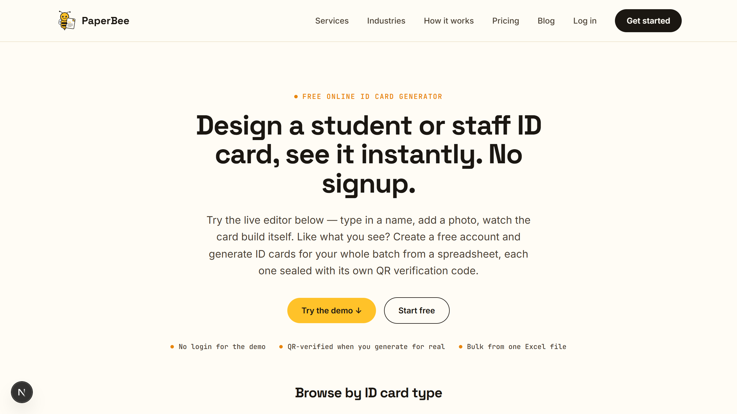 Screenshot of the PaperBee ID card generator homepage showing the free live demo and a gallery of real ID card templates for students, teachers, and preschoolers