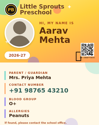 Real PaperBee preschool ID card template with a warm honey-yellow gradient, circular photo frame, and QR code on the front card face