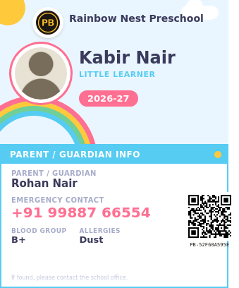 Real PaperBee preschool ID card template with a pastel rainbow theme and a large circular photo frame