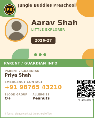 Real PaperBee preschool ID card template with a safari/jungle theme in green and orange