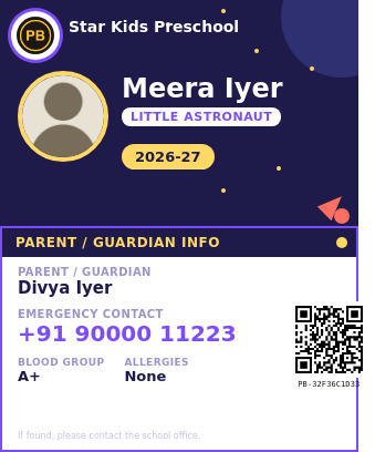 Real PaperBee preschool ID card template with a night-sky space and rocket theme in navy and purple
