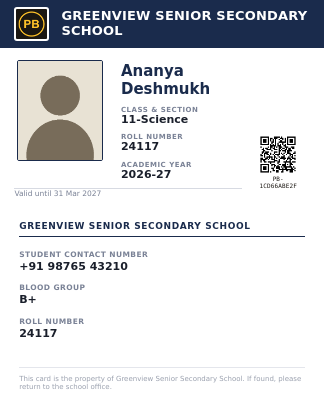 Real PaperBee senior secondary student ID card template with a navy header band, student photo, class, roll number, and QR code