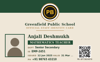 Real PaperBee staff ID card template with a formal institutional green and gold seal design