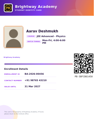 Real PaperBee coaching institute ID card template with a purple-to-orange gradient banner and course/batch fields