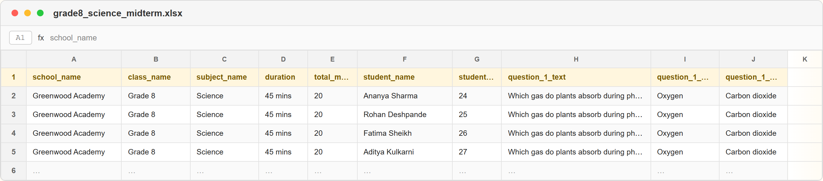 Screenshot of an Excel spreadsheet with columns for school name, class, subject, student name, roll number, and MCQ question text and options, with three student rows filled in