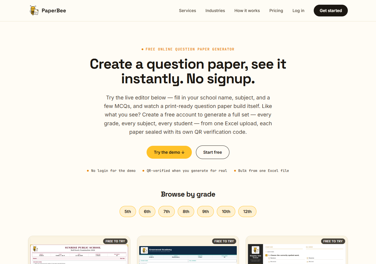 Screenshot of the PaperBee question paper generator homepage showing the free live demo and a gallery of real question paper templates