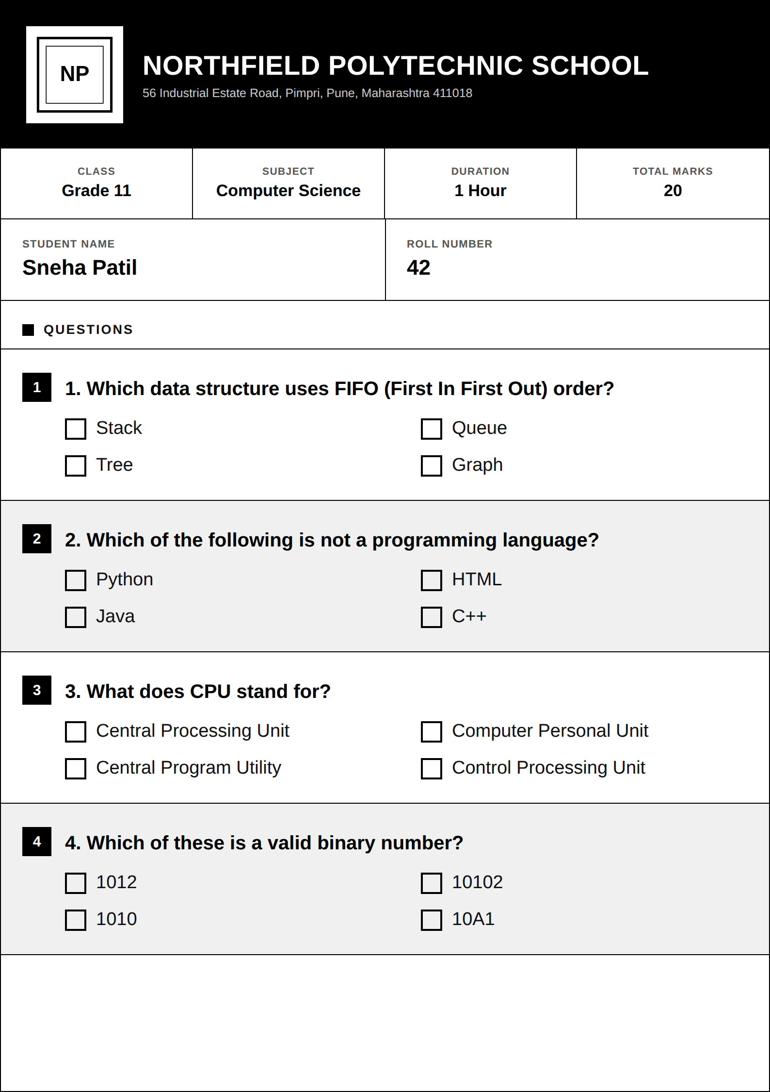 Real PaperBee question paper template: a black-and-white exam-hall style MCQ paper with numbered question blocks and checkbox-style options