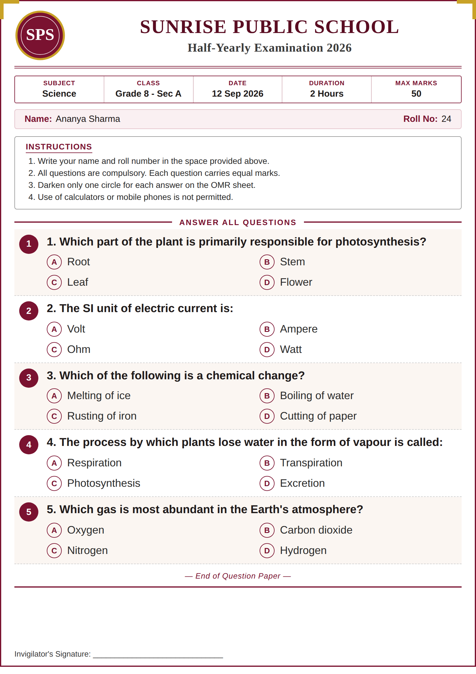 Real PaperBee question paper template: a maroon and gold half-yearly examination paper with a lettered-circle option style and an instructions block