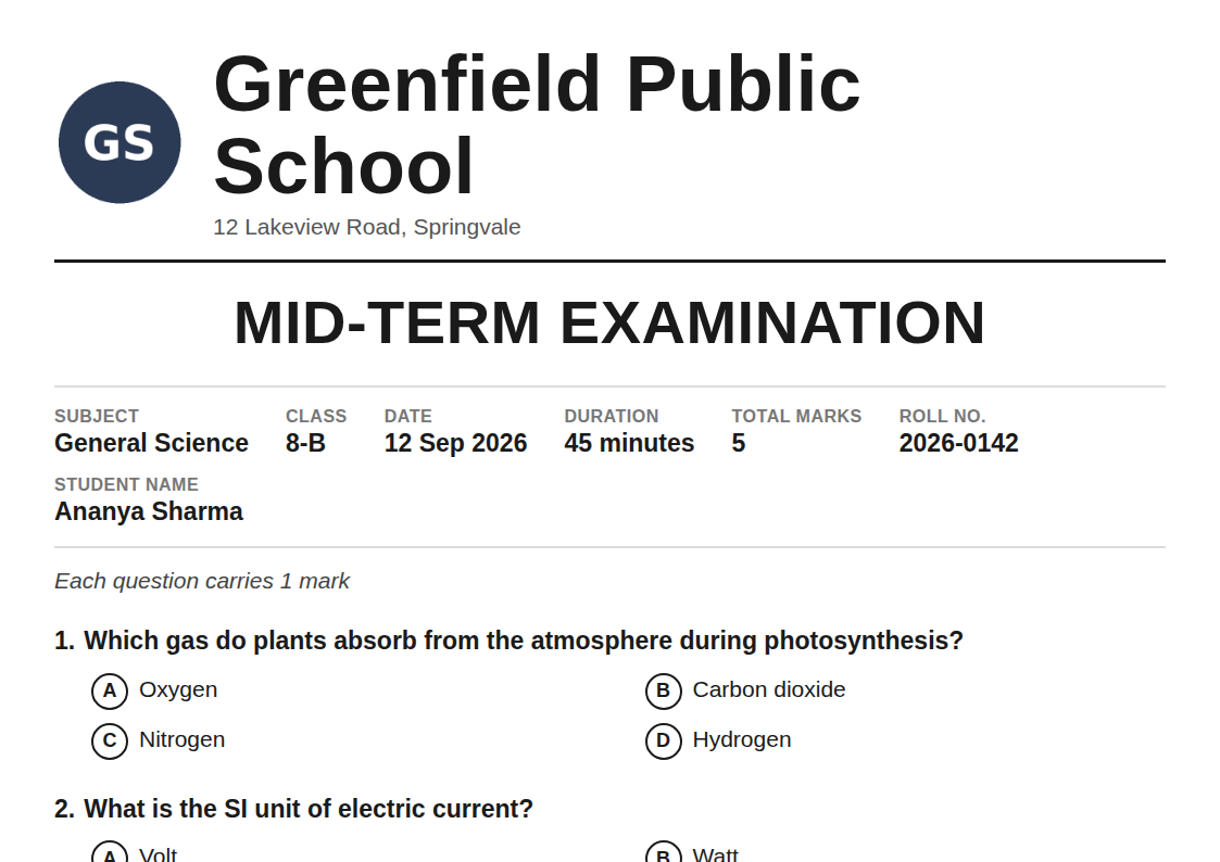 Real PaperBee question paper template: a navy header mid-term examination paper with a circular school logo badge and a two-column options layout