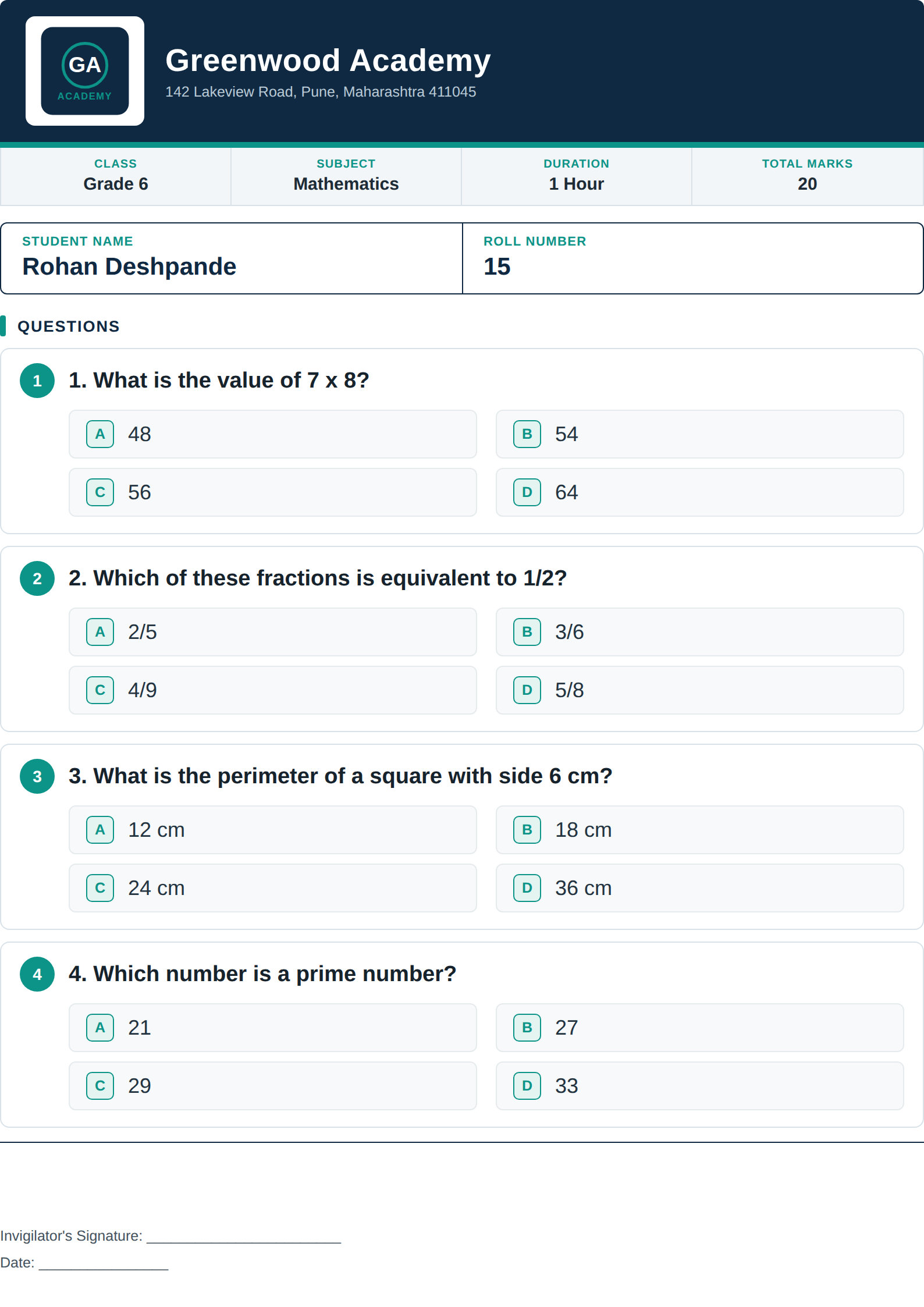 Real PaperBee question paper template: a teal and navy modern academy design with boxed answer options for a grade 6 mathematics test